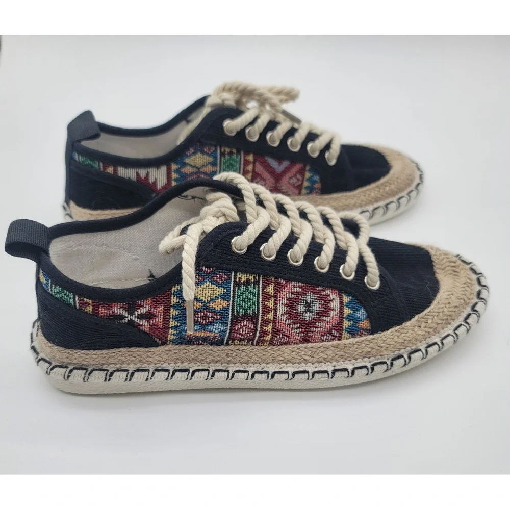 Kayleen Espadrille Sneakers Womens 9 Black Tribal Lace Up Canvas Boho Shoes
